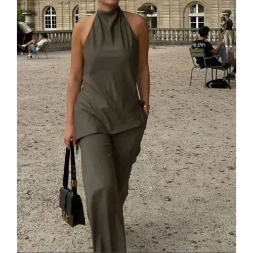 Chloe | Sexy Rugloze Halter Top met Verstelbare Veters en Asymmetrische Broek