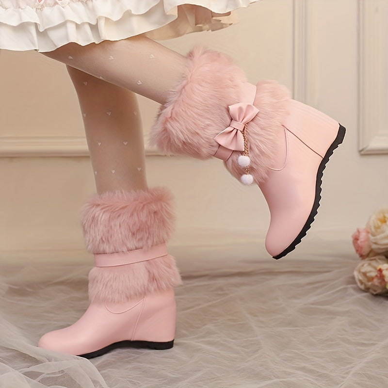 Anne - Preppy Dames Wintermode Laarzen, Slip-On, Warme Voering, Strik & Pompon Details