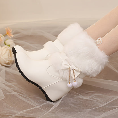 Anne - Preppy Dames Wintermode Laarzen, Slip-On, Warme Voering, Strik & Pompon Details