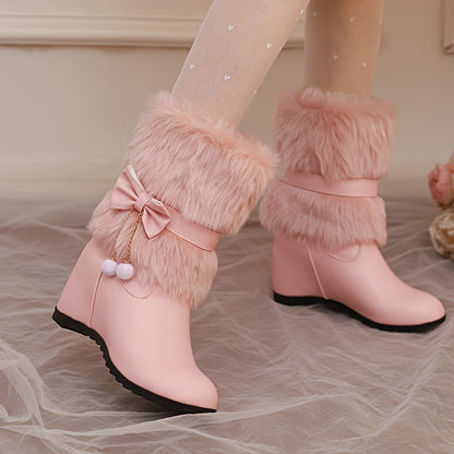 Anne - Preppy Dames Wintermode Laarzen, Slip-On, Warme Voering, Strik & Pompon Details