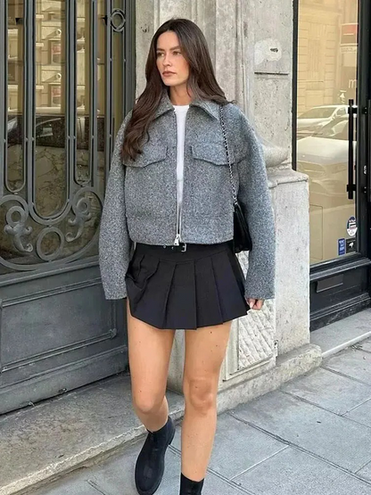 Anne Cropped Wol Look Herfst Jas Dames | Vrouwen Herfstjas Wol Grijs Zwart