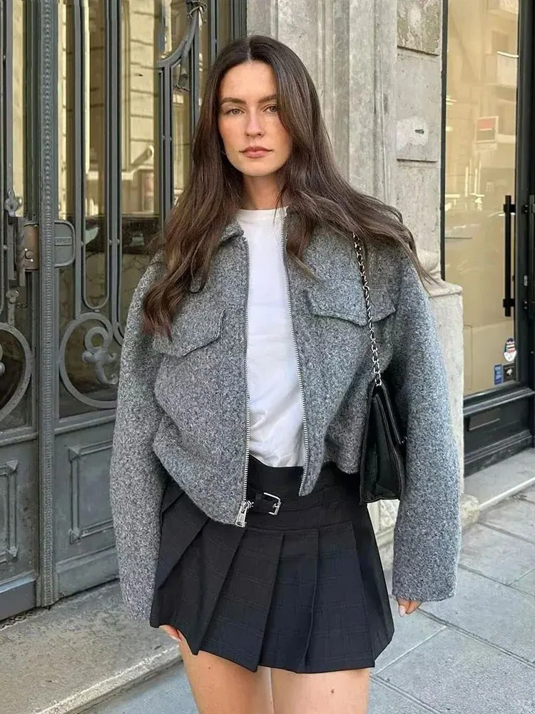 Anne Cropped Wol Look Herfst Jas Dames | Vrouwen Herfstjas Wol Grijs Zwart