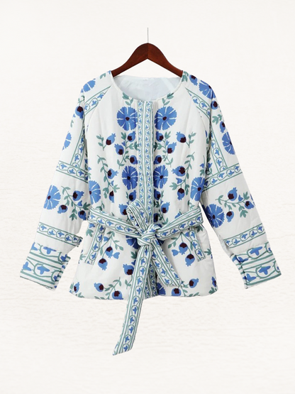 Abby Quilt Jas Met Riem Dames | Gewatteerd Jack Vrouw | Jas Met Bloemenprint Blauw-Wit