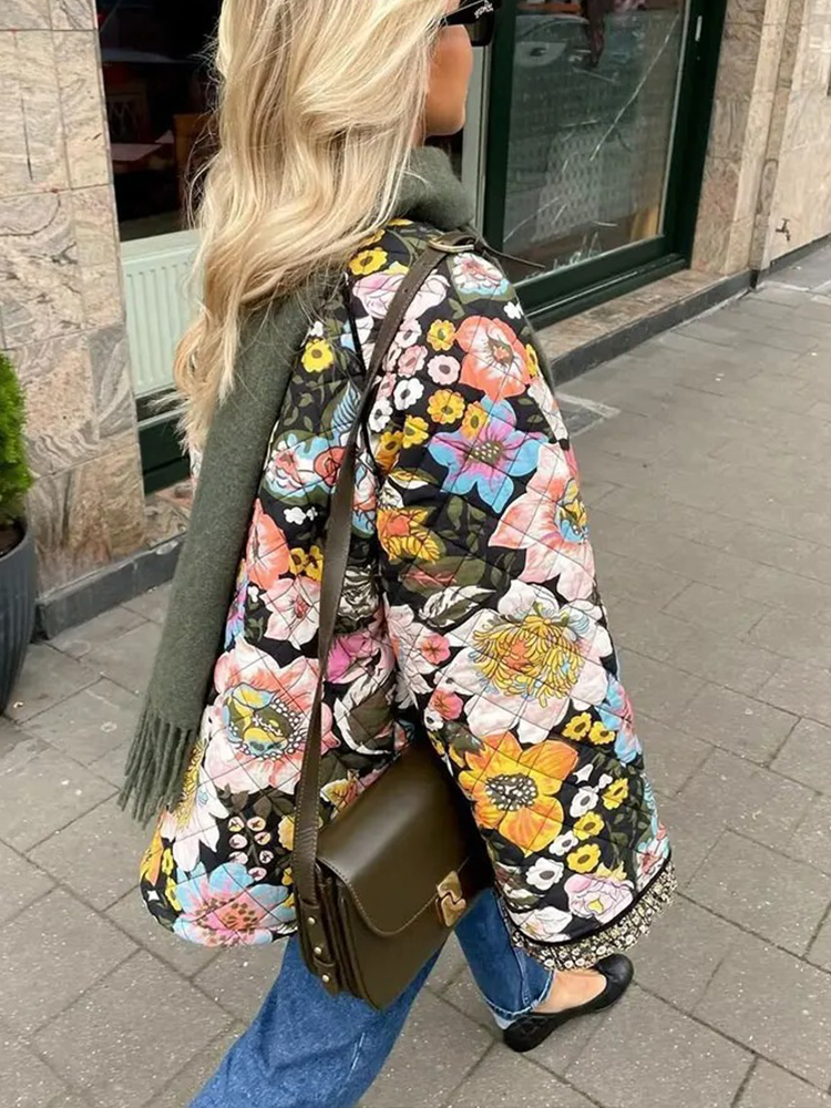 Bethany Quilt Jas Dames | Gewatteerd Jack Vrouw | Retro Print Jasje Met Bloemen Zwart-Gekleurd