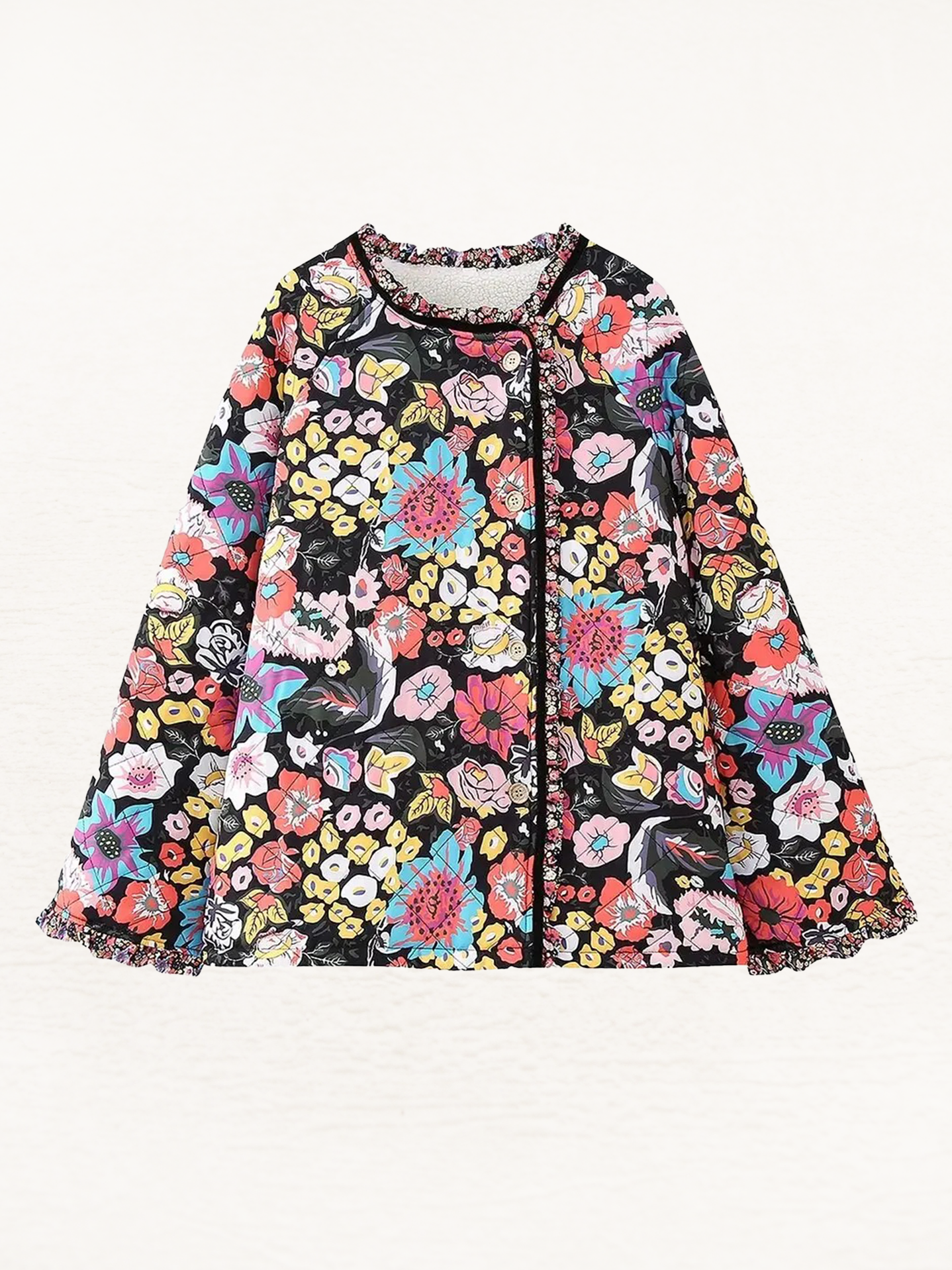 Bethany Quilt Jas Dames | Gewatteerd Jack Vrouw | Retro Print Jasje Met Bloemen Zwart-Gekleurd